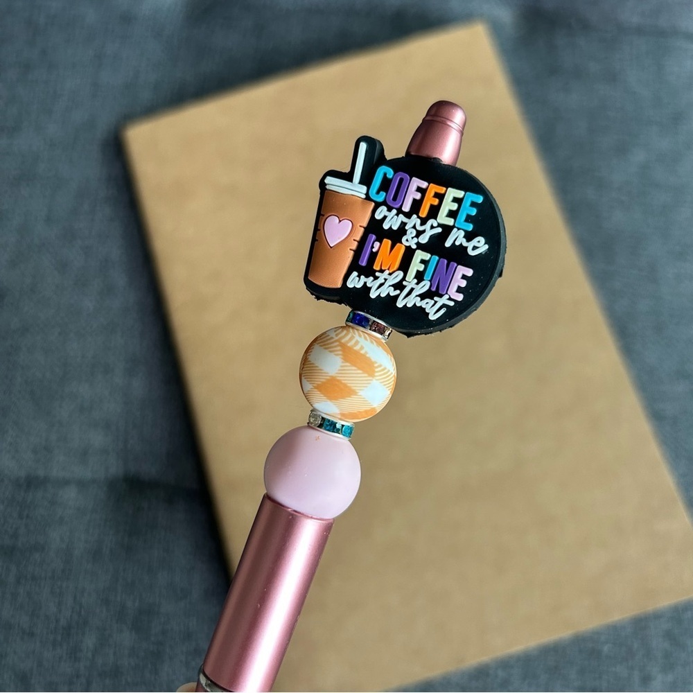 Handcrafted Coffee Theme Pen + Kraft Journal Notebook (COFFEE OWNS ME - PINK)
